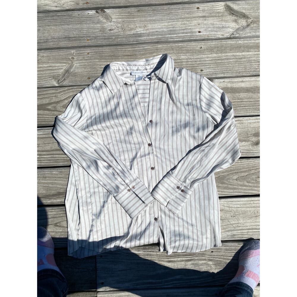 Cupcakes & Cashmere Women's Button Down Shirt in Brown & White Stripes - Size M